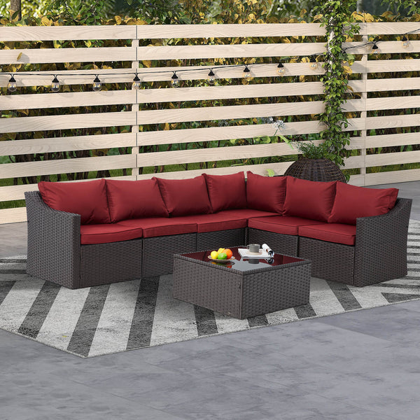 7 Pcs Patio Furniture Set All Weather Sectional Sofa with Red Cushion & Coffee Table