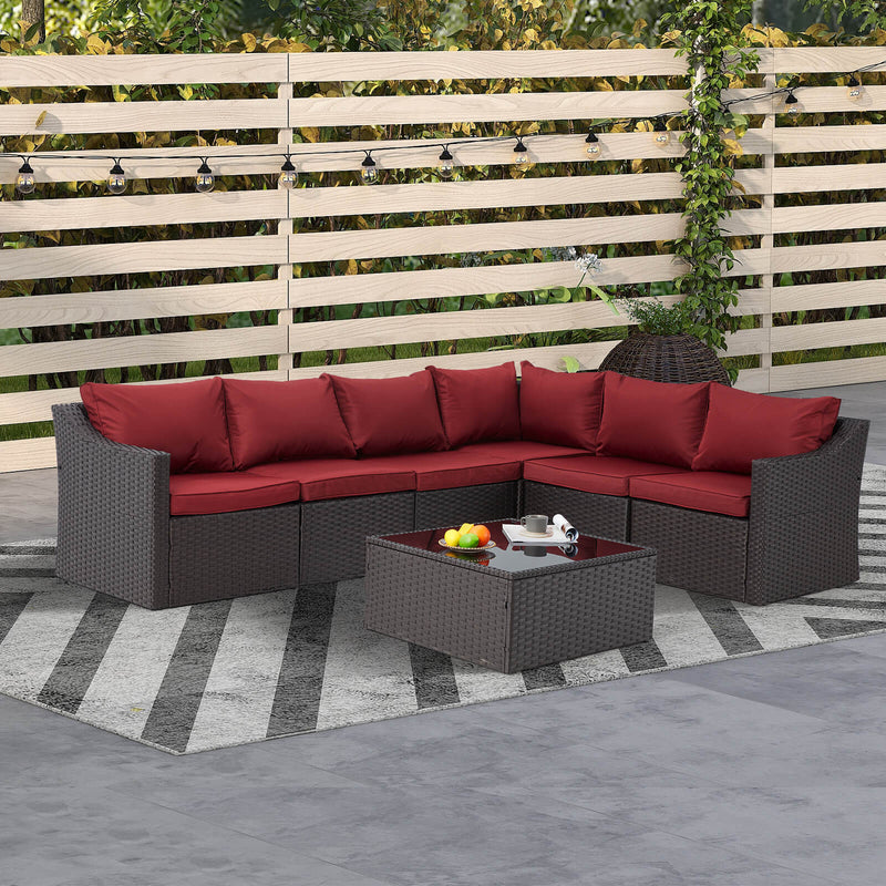 7 Pcs Patio Furniture Set All Weather Sectional Sofa with Red Cushion & Coffee Table