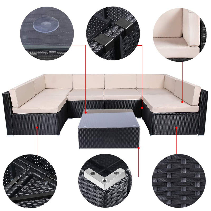 7 Piece Outdoor Patio Furniture Set, PE Rattan Wicker Sofa Set, Outdoor Sectional Furniture Chair Set with Cushions and Tea Table, Black
