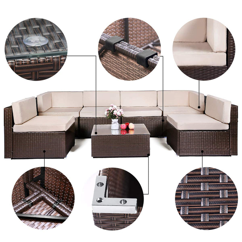7 Piece Outdoor Patio Furniture Set, PE Rattan Wicker Sofa Set, Outdoor Sectional Furniture Chair Set with Cushions and Tea Table, Brown