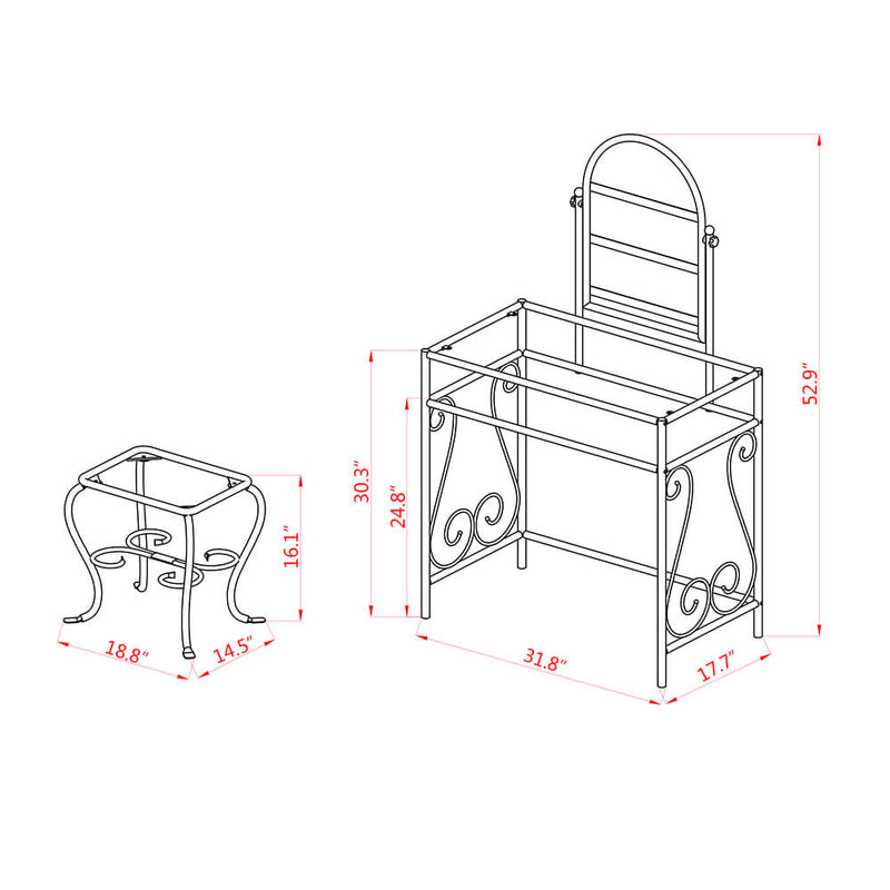 Simple Iron Dresser with Square Dressing Stool Black