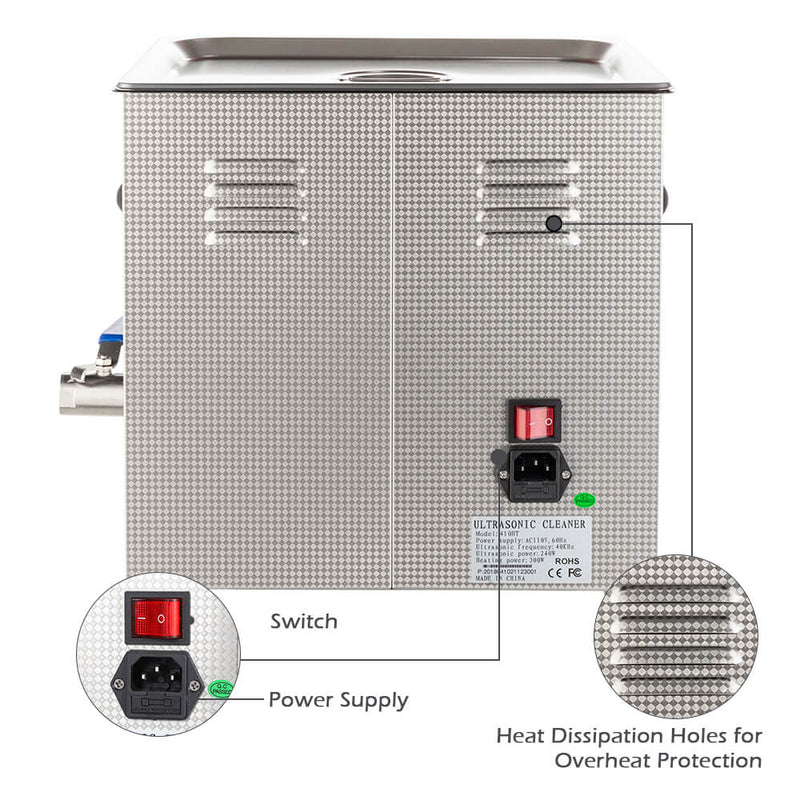 10L Commercial Ultrasonic Cleaner Large Capacity Stainless Steel with Heater and Digital Timer