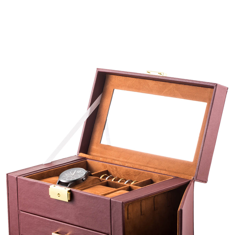Synthetic Leather Huge Jewelry Box Mirrored Watch Organizer Storage Lockable Gift Case Brown