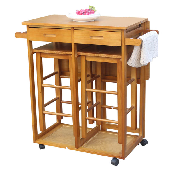 Square Solid Wood Folding Dining Cart with 2 Free Stools Brown