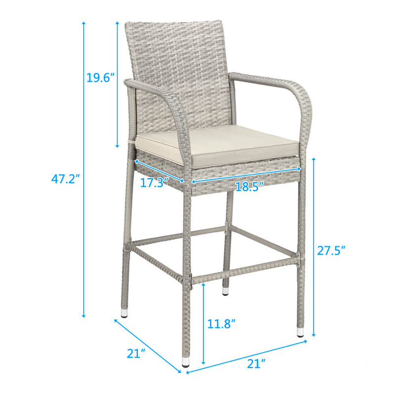 2-Piece Outdoor PE Rattan Wicker Chairs, High Bar Stool Chair, Patio Furniture Set with Cushions Armrest and Footrest, Gray