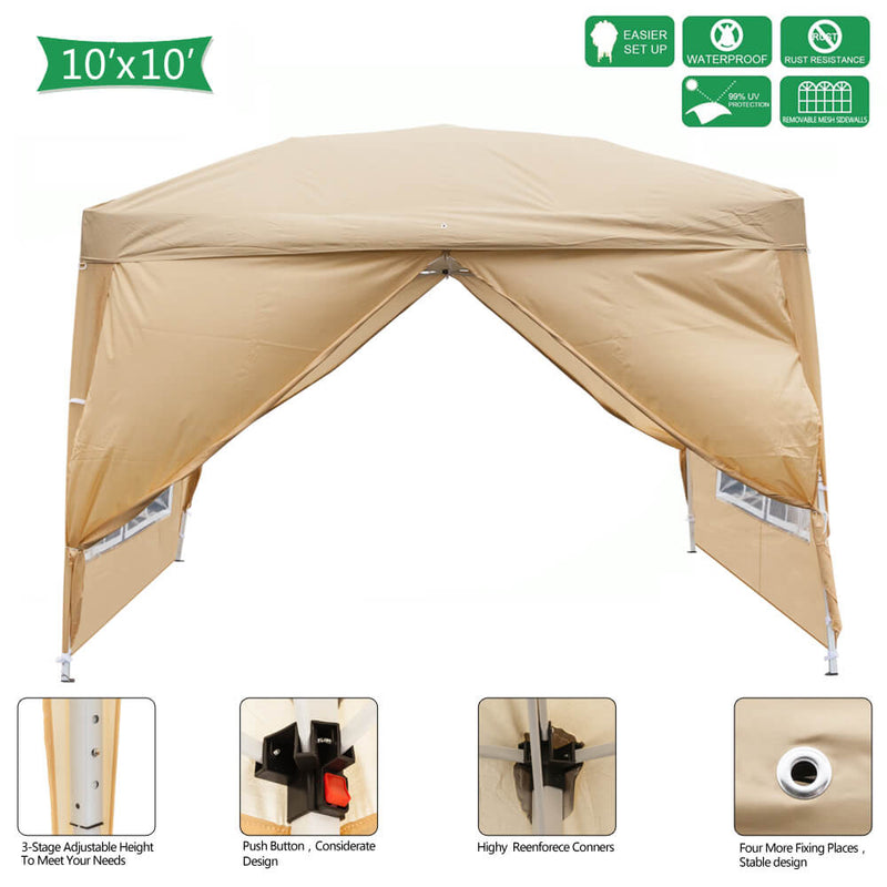 10 x 10 ft Pop up Canopy Tent with 2 Doors & 2 Windows Khaki