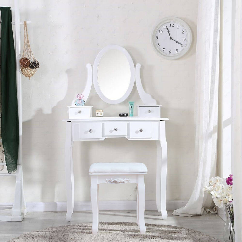 Single Mirror 5 Drawers Dressing Table, White