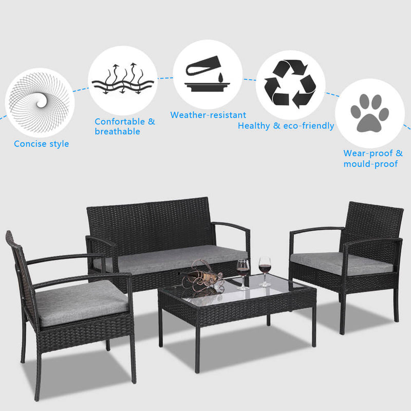 4 Pieces Outdoor Patio Rattan Wicker Furniture Set with Table Sofa Cushioned Black