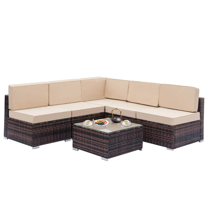 6 Pieces Sectional Rattan Sofa Set with 1pcs Corner Sofas & 4pcs Single Sofas & 1 pcs Coffee Table Brown Gradient