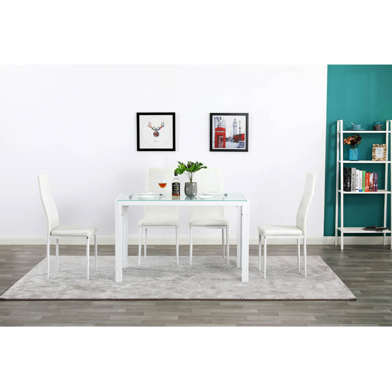 5 Piece Dining Set GlassTable and 4 Leather Chair for Kitchen Dining White