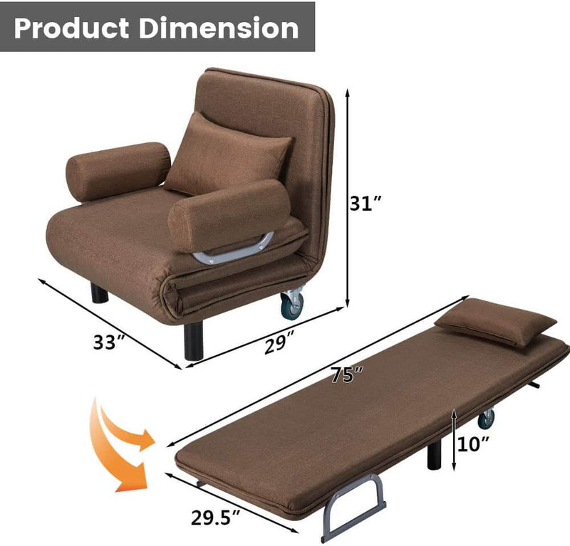 Convertible Chair Bed, Folding Arm Chair Sleeper, 5 Position Recliner with Pillow, Brown