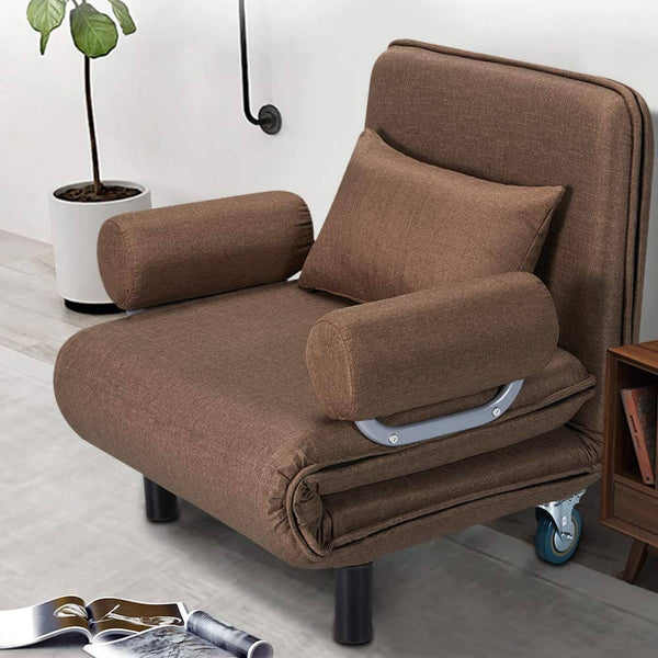 Convertible Chair Bed, Folding Arm Chair Sleeper, 5 Position Recliner with Pillow, Brown