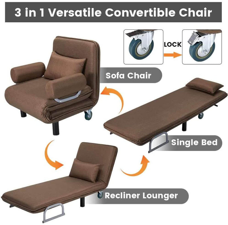 Convertible Chair Bed, Folding Arm Chair Sleeper, 5 Position Recliner with Pillow, Brown