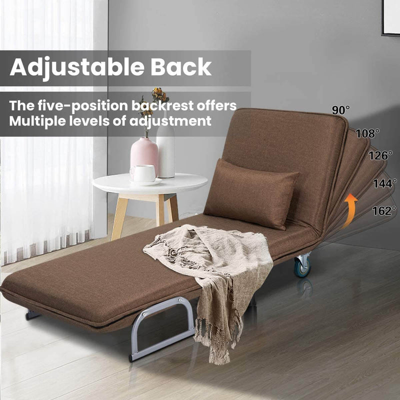 Convertible Chair Bed, Folding Arm Chair Sleeper, 5 Position Recliner with Pillow, Brown