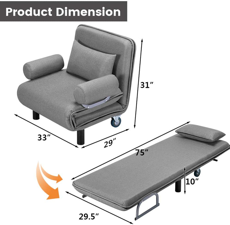 Convertible Chair Bed, Folding Arm Chair Sleeper, 5 Position Recliner with Pillow, Gray