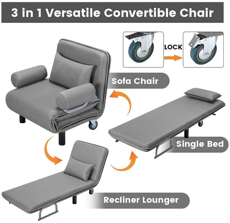 Convertible Chair Bed, Folding Arm Chair Sleeper, 5 Position Recliner with Pillow, Gray
