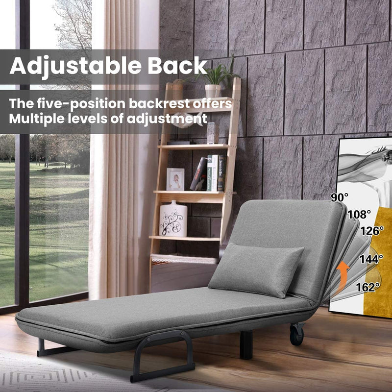 Convertible Chair Bed, Folding Arm Chair Sleeper, 5 Position Recliner with Pillow, Gray