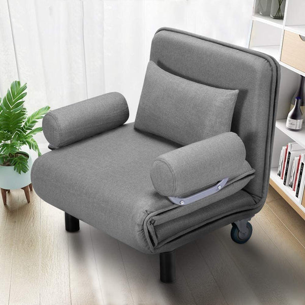 Convertible Chair Bed, Folding Arm Chair Sleeper, 5 Position Recliner with Pillow, Gray