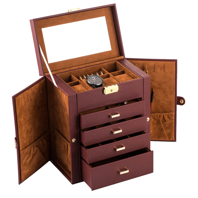 Synthetic Leather Huge Jewelry Box Mirrored Watch Organizer Storage Lockable Gift Case Brown