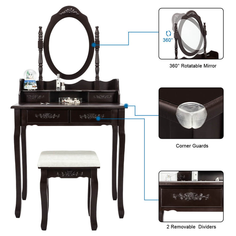 Modern Concise 4-Drawer Removable Mirror Dresser Brown