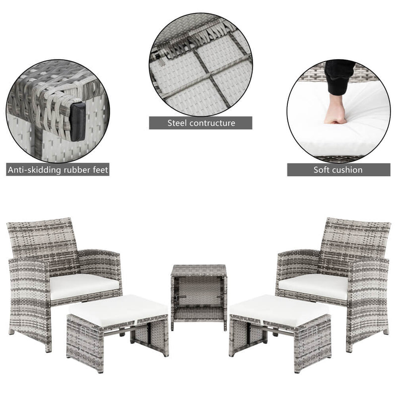 5-Piece Wicker Patio Furniture Set, Rattan Sectional Sofa Chairs Set with Cushions Footstools Coffee Table, Gray Gradient