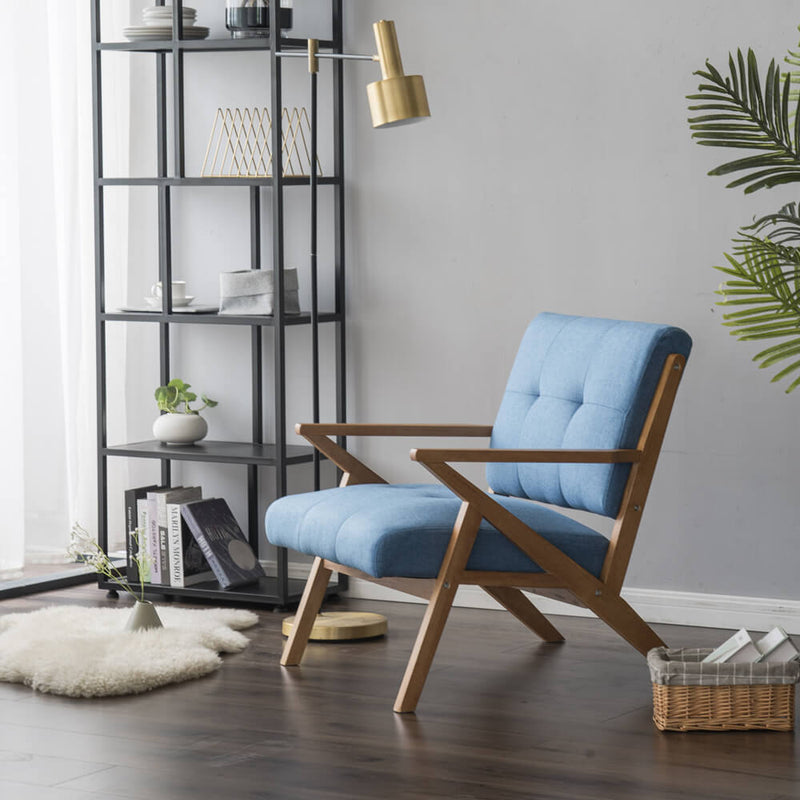 Mid-Century Modern Accent Armchair Solid Hardwood Upholstered Linen Lounge Chair, Light Blue