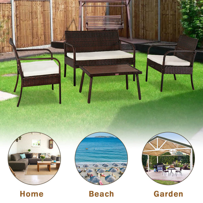 4 Pieces Patio Rattan Wicker Chair, Outdoor Sectional Furniture Set, Brown
