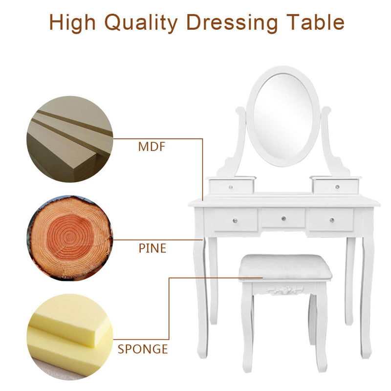 Single Mirror 5 Drawers Dressing Table, White