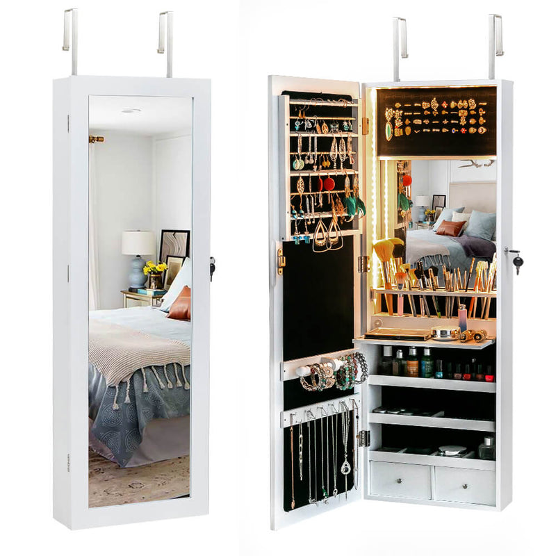 3-Layer Shelf With Interior Mirror Jewelry Storage Cabinet - White