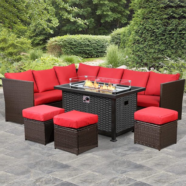 7 Piece Outdoor Patio Furniture Set in Red