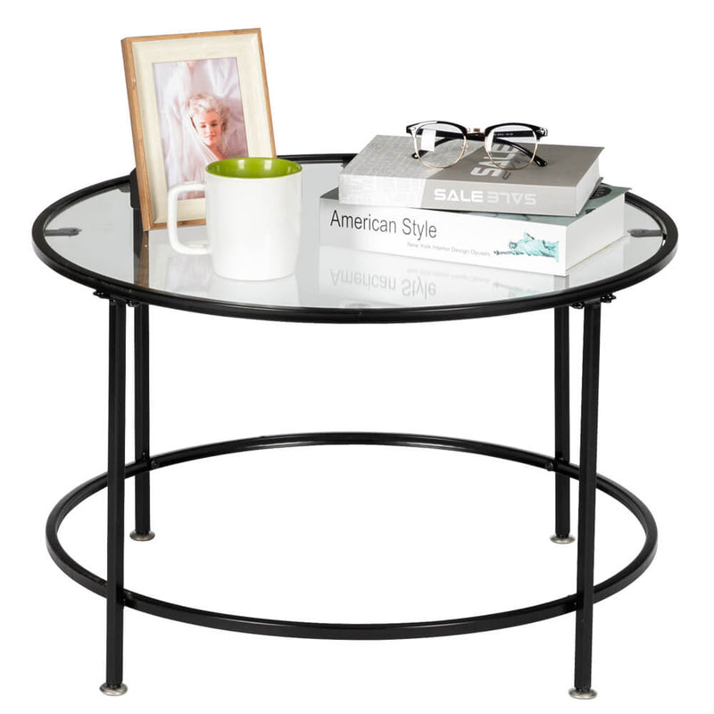 Round Wrought Iron Coffee Table 2 Layers Tempered Glass Countertops Black 36 Inches