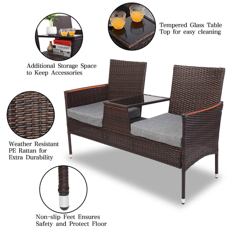 Double Siamese Rattan Chair Outdoor Garden Patio Furniture Brown Cushions