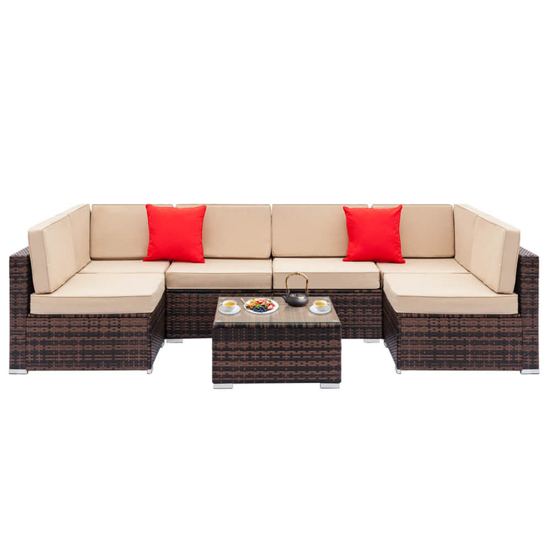 7 Pieces Sectional Rattan Sofa Set with 2pcs Corner Sofas & 4pcs Single Sofas & 1 pcs Coffee Table Brown Gradient