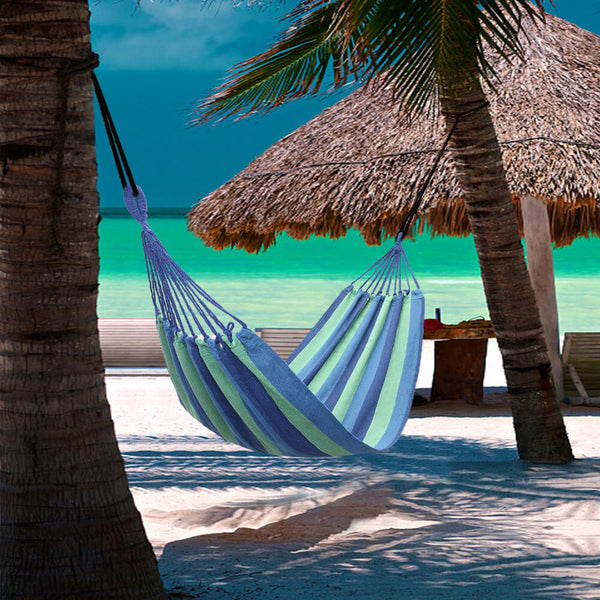 Hammock Swing Canvas Cotton Hammock with Carrying Bag, Outdoor Indoor Blue Stripe Hammock
