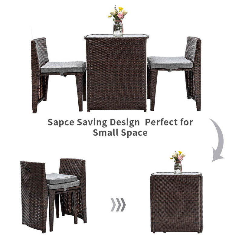 3 Pieces Rattan Wicker Bistro Set with Glass Top Table 2 Chairs Space Saving Design Brown