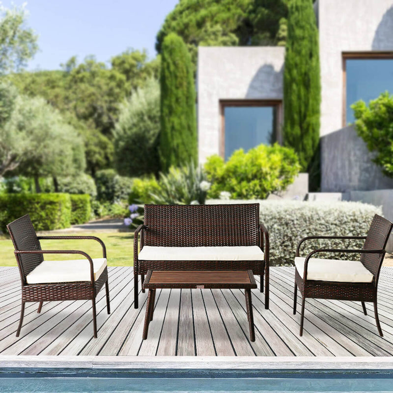4 Pieces Patio Rattan Wicker Chair, Outdoor Sectional Furniture Set, Brown