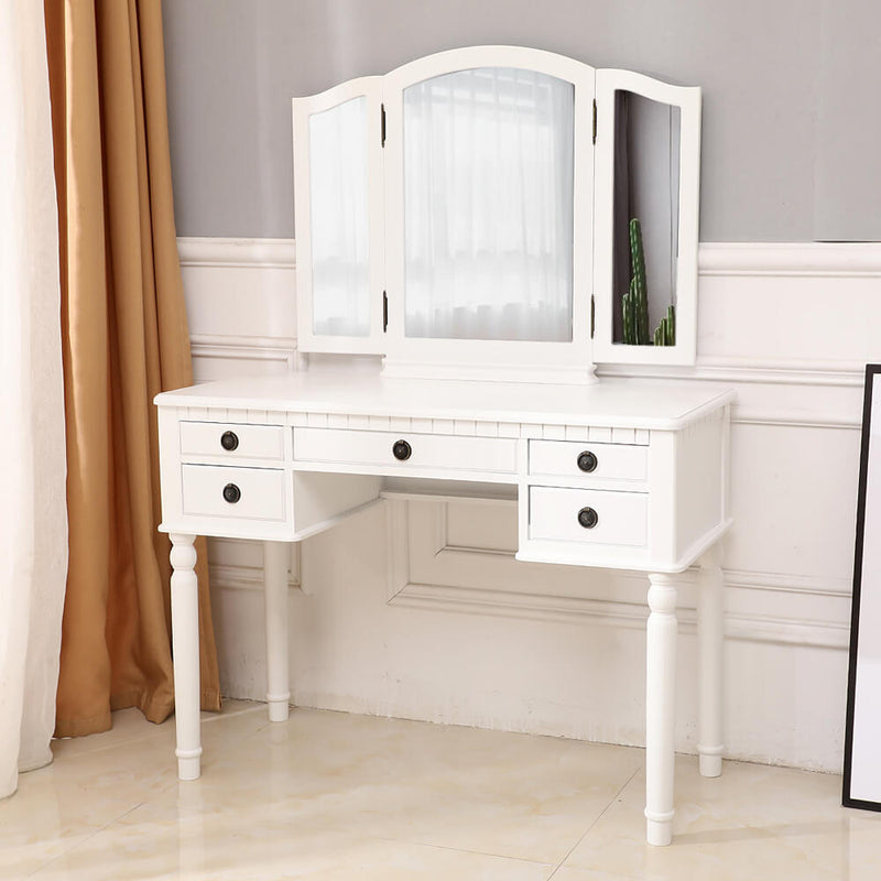 Dresser Three-Fold Square Mirror Drawers Roman Column Table/Stool White