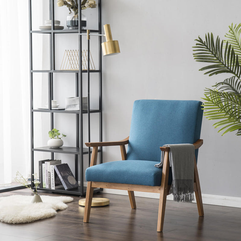 Mid-Century Modern Accent Armchair Solid Hardwood Upholstered Linen Lounge Chair, Navy Blue