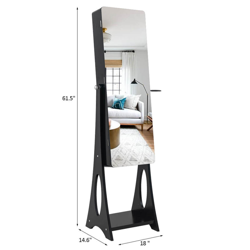 Floor Standing Jewelry Mirror Cabinet, Full-Body Make Up Mirror Jewelry Armoire with Inner Mirror, 2-Layer Shelf & 6 Drawers, Black