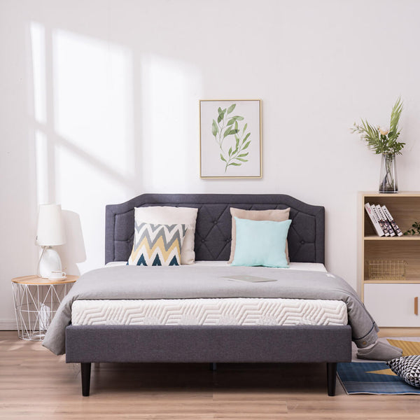 Upholstered Platform Bed Frame with Diamond Buckle Decoration In Gray, Queen