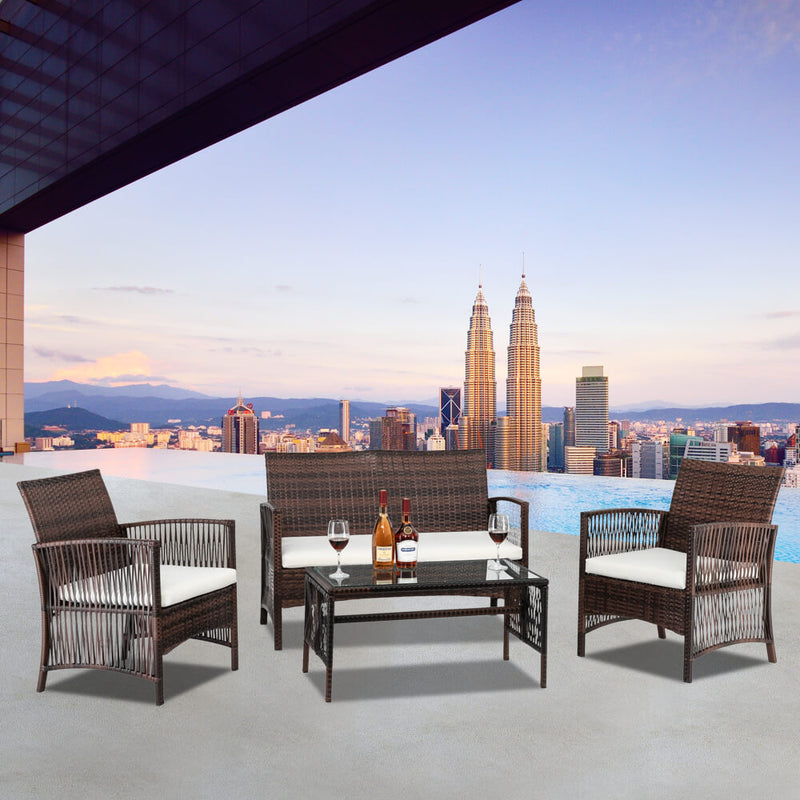 4-Piece Wicker Patio Chairs Furniture Set, PE Rattan Sectional Sofa Conversation Set with Cushions & Tempered Glass Tabletop