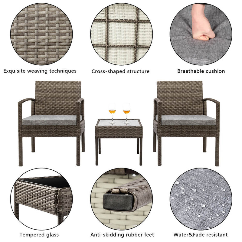 3 Pieces Patio Furniture Set Wicker Rattan Outdoor Patio Conversation Set