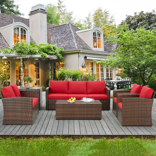 7 Pieces Outdoor Furniture Set with Storage in Red