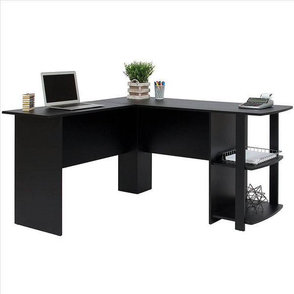 L-Shaped Computer Desk with Two-layer Bookshelves Black