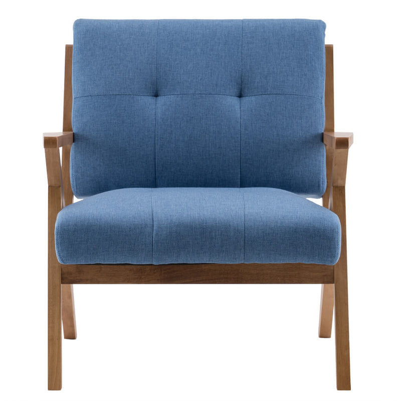 Mid-Century Modern Accent Armchair Solid Hardwood Upholstered Linen Lounge Chair, Light Blue