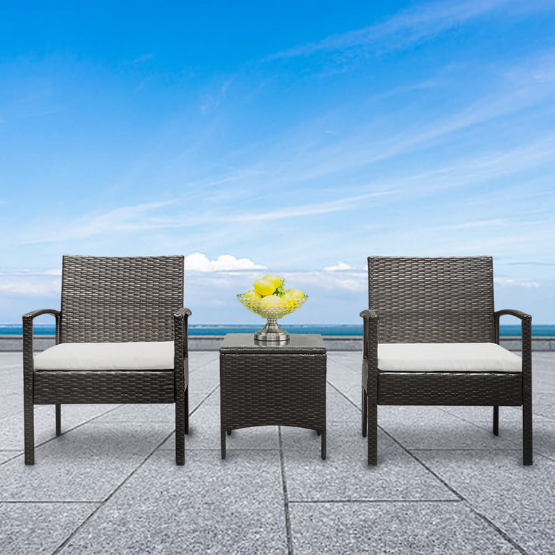 3-Piece Wicker Patio Dining Furniture Set, Rattan Sofa Conversation Set, Arm Chairs Coffee Table with Cushions & Tempered Glass Tabletop