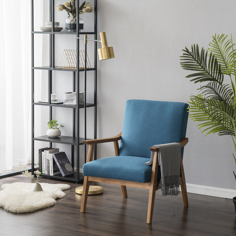 Mid-Century Modern Accent Armchair Solid Hardwood Upholstered Linen Lounge Chair, Navy Blue