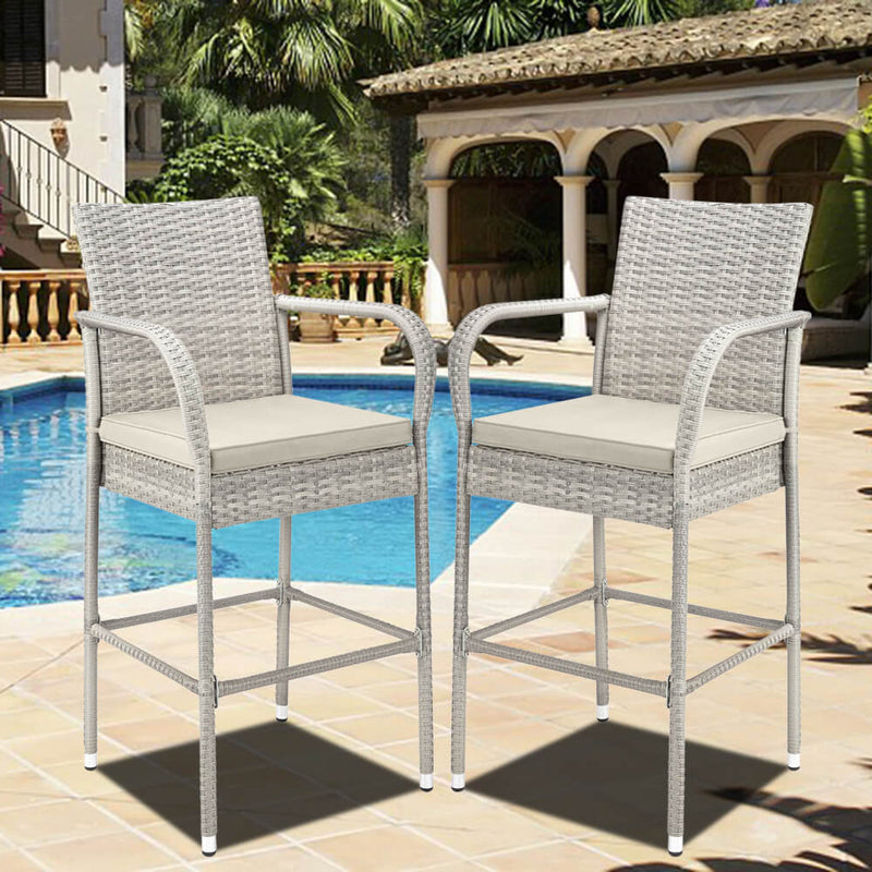 2-Piece Outdoor PE Rattan Wicker Chairs, High Bar Stool Chair, Patio Furniture Set with Cushions Armrest and Footrest, Gray