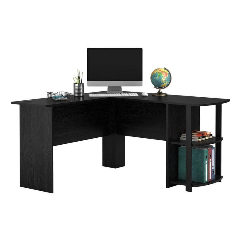 L-Shaped Computer Desk with Two-layer Bookshelves Black