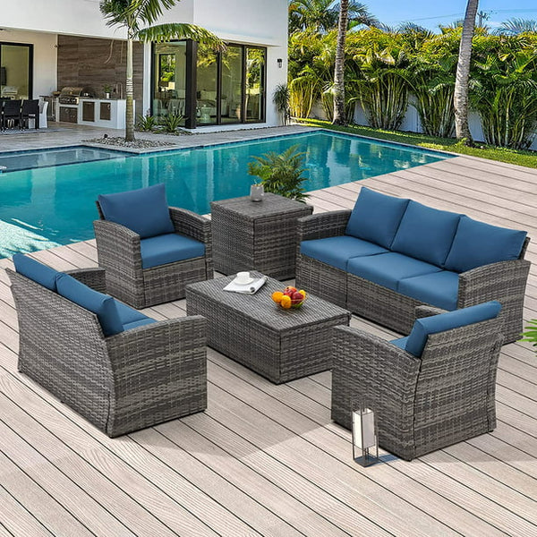 AECOJOY 7 Pieces Outdoor Furniture Set with Storage in Dark Blue